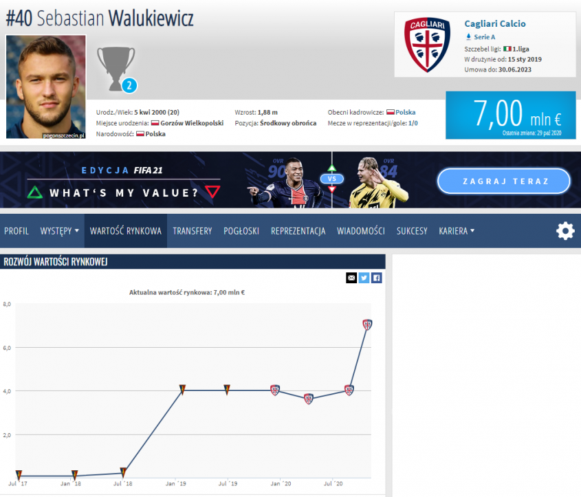 NOWA WARTOŚĆ Sebastiana Walukiewicza na Transfermarkt!